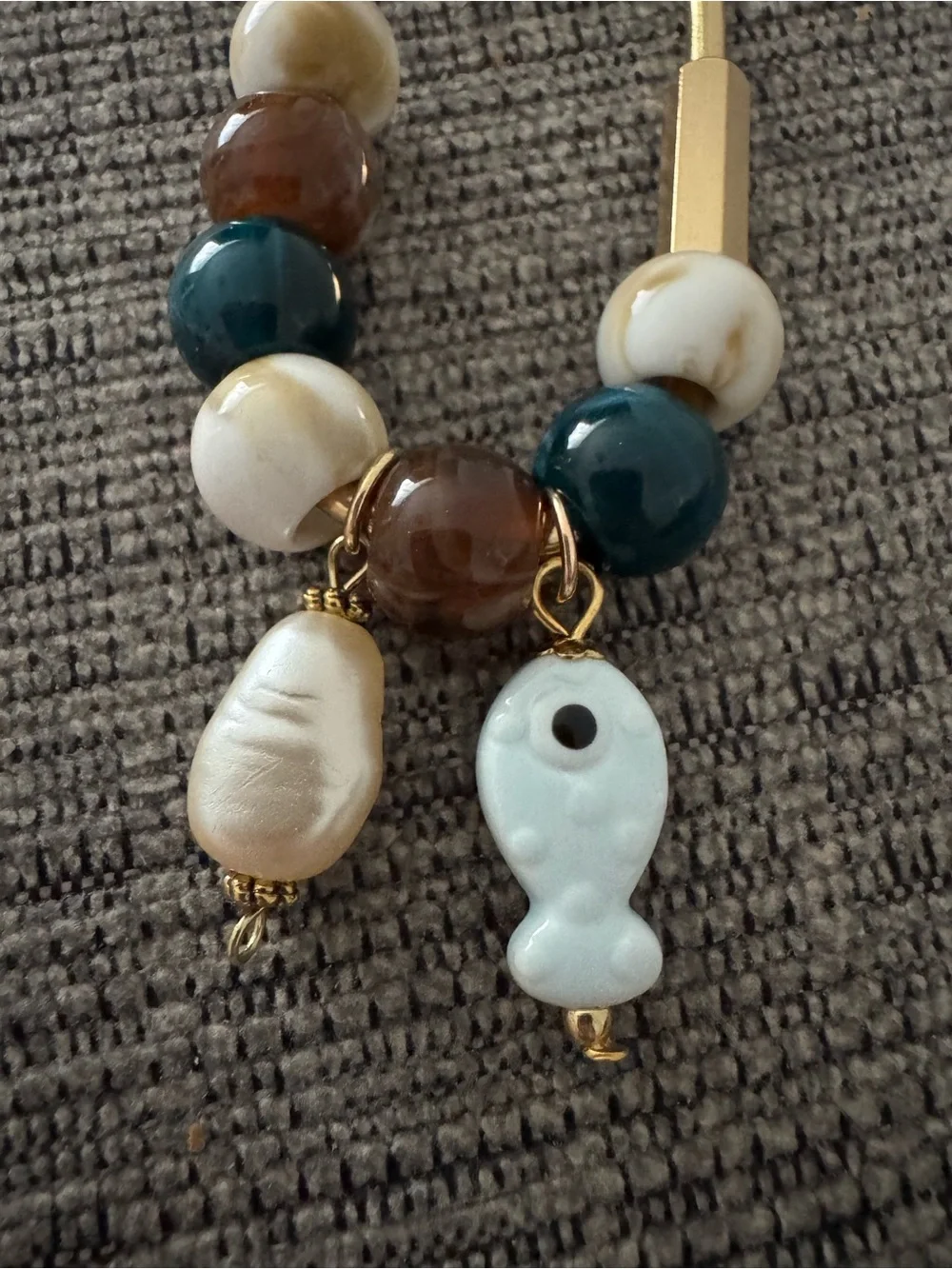 Viral Carabiner Beaded Bag Charm Keychain with Fish & Faux Pearl Charms
